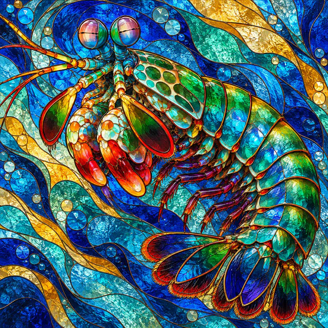 Glowing stained-glass peacock mantis shrimp in blue, emerald and amber aquatic patterns.