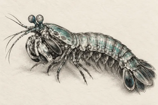 A charcoal drawing captures a mantis shrimp’s curved armor with a restrained teal watercolor accent.
