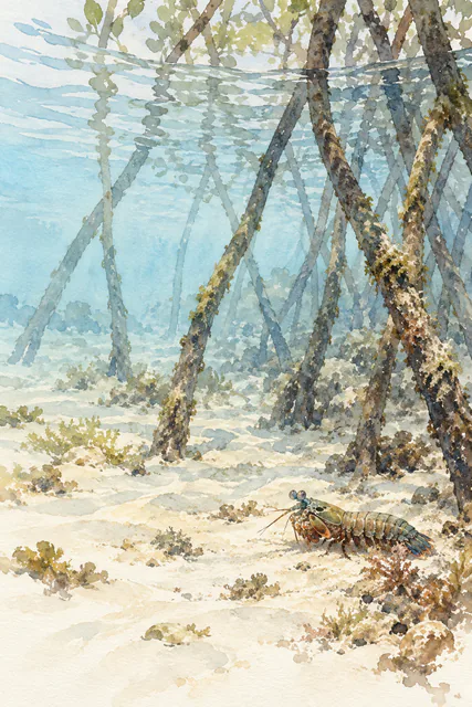 A small mantis shrimp rests on pale sand beneath submerged mangrove roots in a softly washed watercolor.