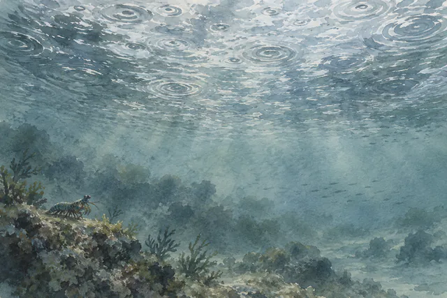 A small mantis shrimp rests on a lower-left reef ledge beneath a rain-rippled surface in a cool blue watercolor seascape.