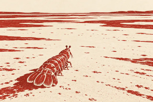 A brick-red mantis shrimp is seen from behind crossing a broad ivory sand flat in a linocut-style print.