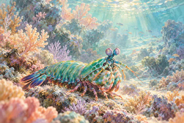 A softly painted peacock mantis shrimp rests among seafoam, peach, and lavender reef forms.