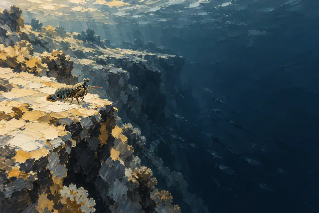 A small mantis shrimp stands on a pale reef ledge above deep charcoal-blue water in a textured acrylic-style landscape.