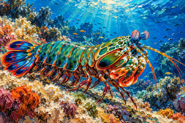 Colorful impasto oil painting of a peacock mantis shrimp among coral in a sunlit blue reef.