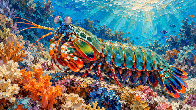 A turquoise mantis shrimp rests above orange coral in a thickly textured impasto oil-style reef painting.