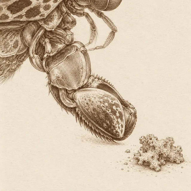 A close-cropped folded mantis shrimp club points toward a small coral fragment in a warm-brown etching-style drawing.