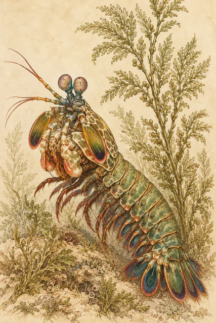 A sage and sepia peacock mantis shrimp beside tall, branching marine algae in a finely detailed ink illustration.
