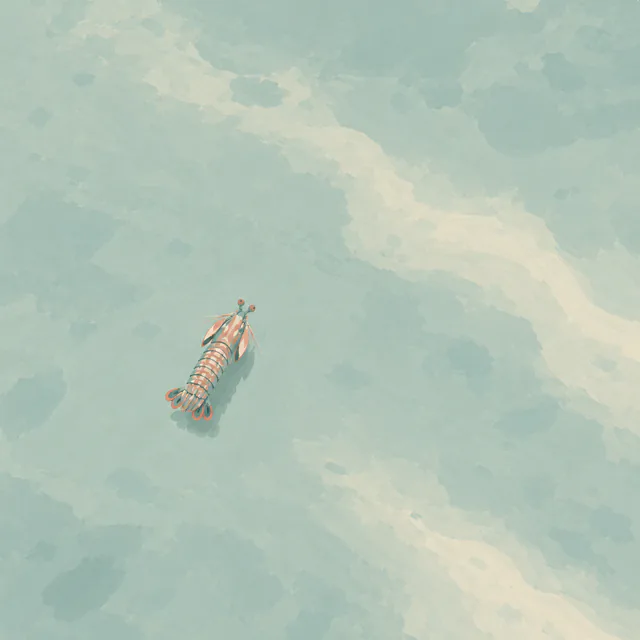 A small coral-and-seafoam mantis shrimp seen from above crosses a broad pale pool beside a soft ivory sand ridge.