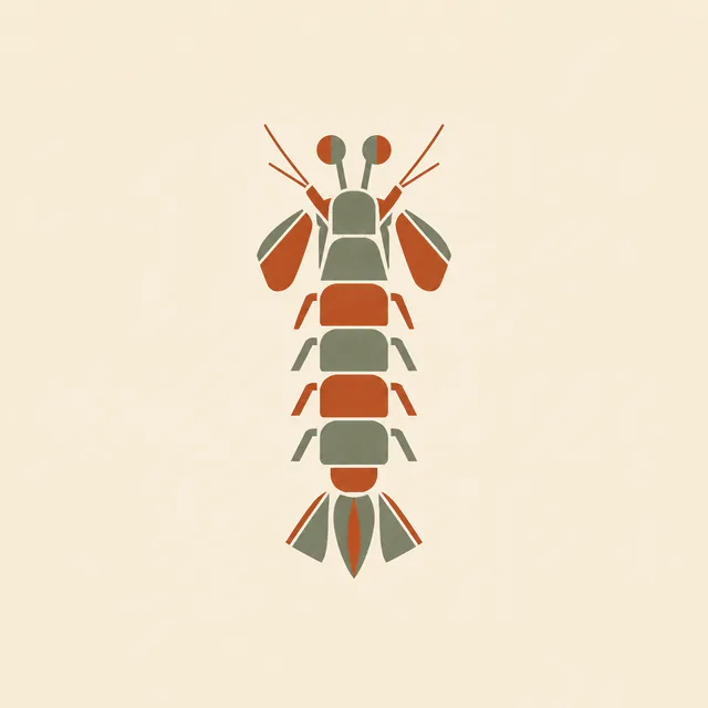 A vertical mantis shrimp motif made of rust and sage geometric shapes on a warm cream background.