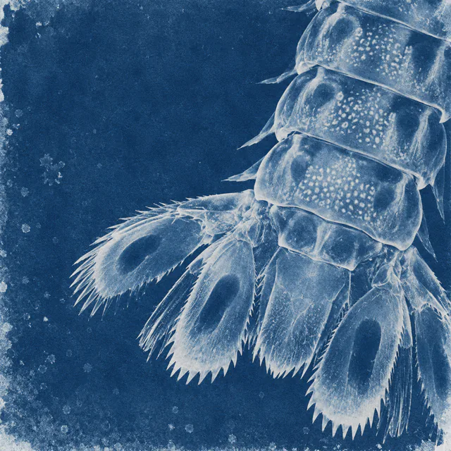 A pale mantis shrimp tail fan and cropped abdominal plates form a cyanotype-style impression on salt-speckled Prussian blue paper.