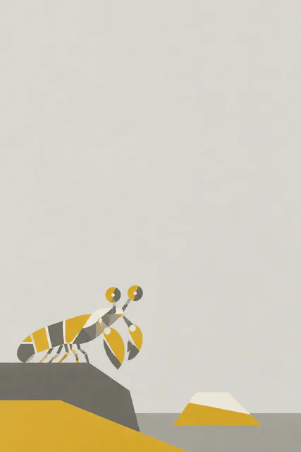A small mustard-and-gray geometric mantis shrimp motif stands on angular sea shapes beneath a large empty pale field.