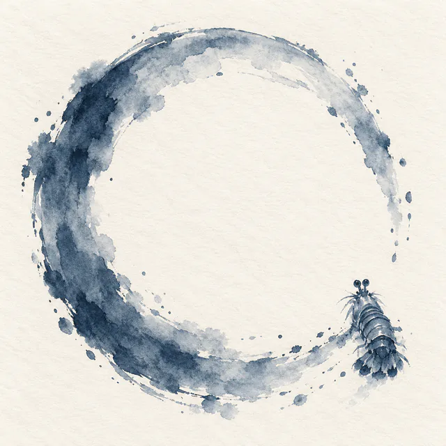 A small rear-facing indigo mantis shrimp sits in the lower-right gap of an incomplete ink-wash ring around empty paper.