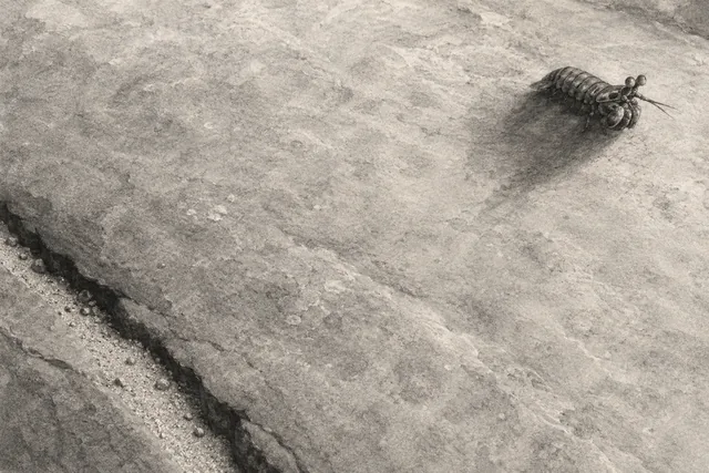 A small mantis shrimp casts a long soft shadow across a pale stone slab in a charcoal-style drawing.