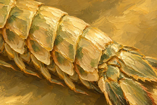Golden impasto ridges describe a close crop of overlapping mantis shrimp armor and part of a tail fan.