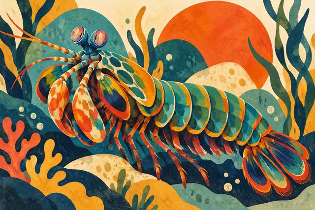 Midcentury-inspired gouache painting of a teal mantis shrimp with orange and mustard reef shapes.