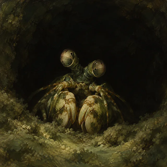 A low-lit olive mantis shrimp face looks out from a dark burrow, with one stalked eye higher than the other.