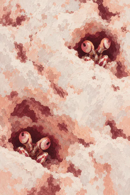 Two small mantis shrimp peer from separate burgundy openings in a peach-and-white reef wall.