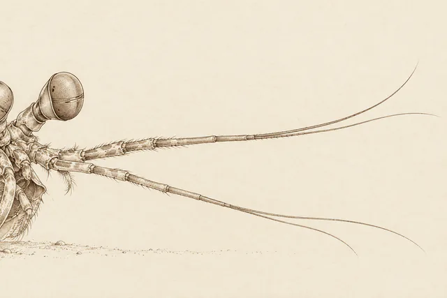 A mantis shrimp head cropped at the left sends two long branching antennae across open cream paper in fine sepia lines.