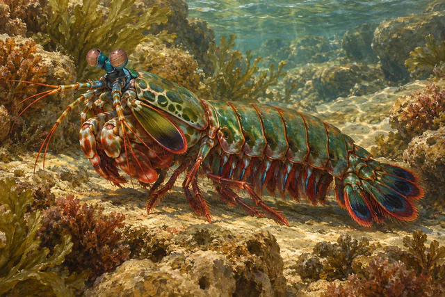 An antique-style oil painting of a colorful peacock mantis shrimp on a shallow reef.