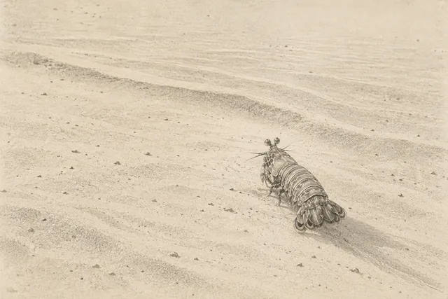 A rear view of a mantis shrimp crossing pale sand toward a diagonal ridge, with a long narrow shadow behind its tail.
