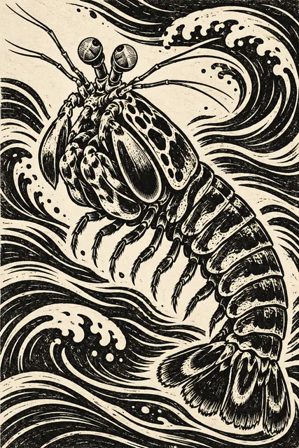 A peacock mantis shrimp against a field of carved wave patterns in a linocut print-style artwork.