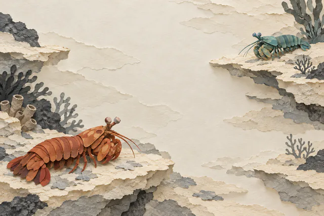 A terracotta paper mantis shrimp and a smaller teal companion rest on separated torn-paper reef shelves across broad ivory water.