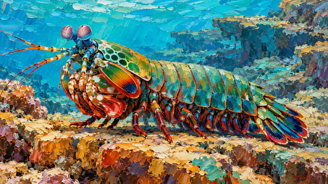 A turquoise peacock mantis shrimp with vermilion clubs stands on an ochre rocky shelf in a bold palette-knife painting.
