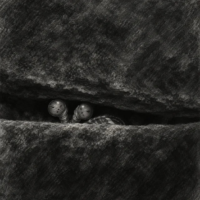 Two small stalked eyes and a curved club edge peek from a narrow slit between dark charcoal rock planes.