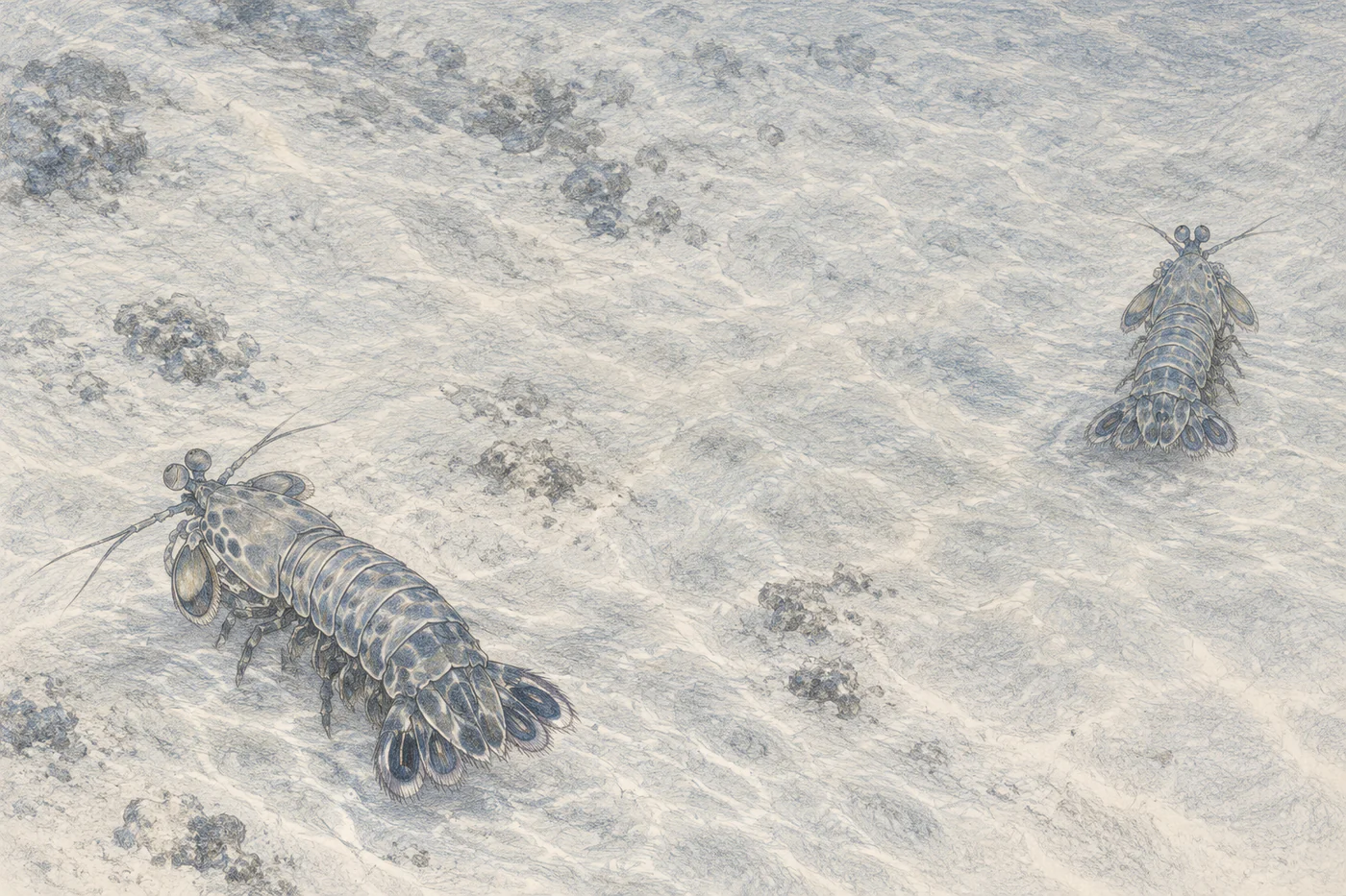 Two blue-gray mantis shrimp seen from high behind take separate directions across a lightly hatched pale seabed.