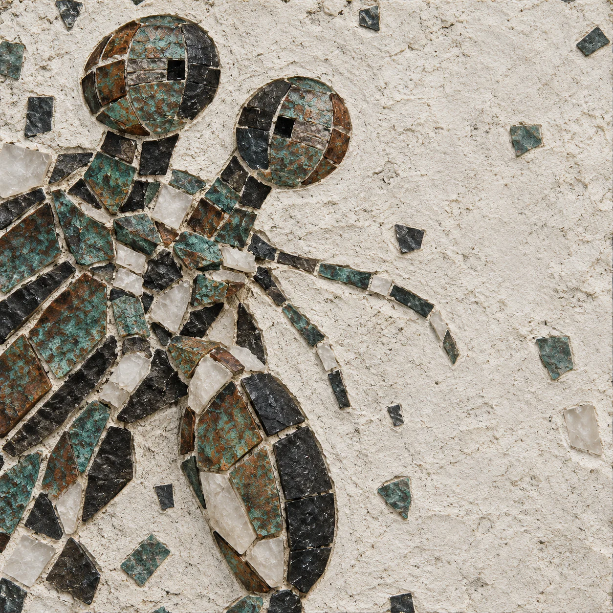 A mosaic-style mantis shrimp head with two uneven eye stalks and one closed oval club fills the left of a pale grout field.