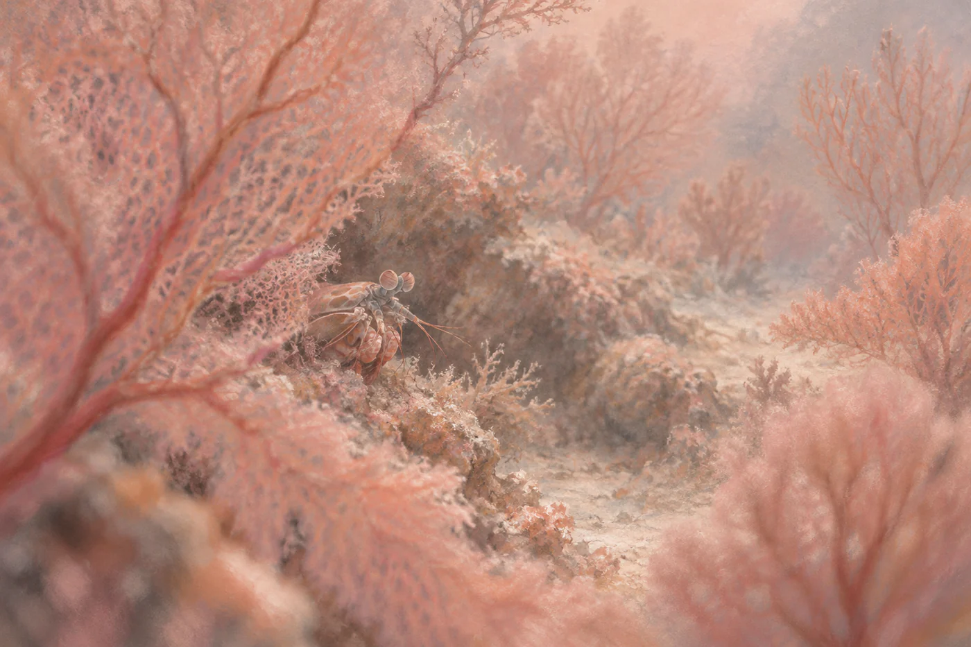 A small mantis shrimp appears through soft salmon-colored sea fans in a hazy reef scene.