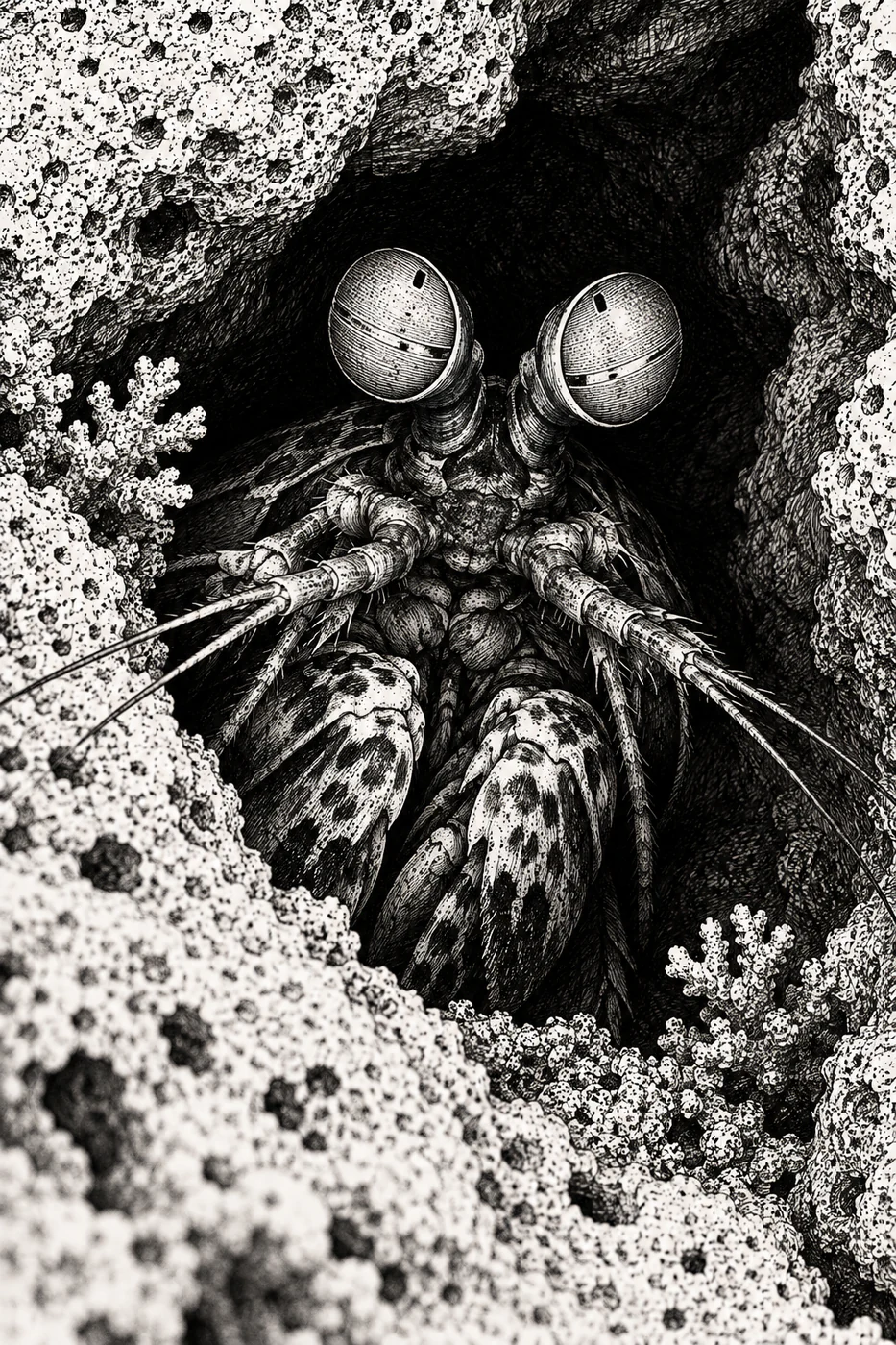 Two stalked mantis shrimp eyes and folded forelimbs emerge frontally from a dark limestone crevice in a black-and-white ink drawing.