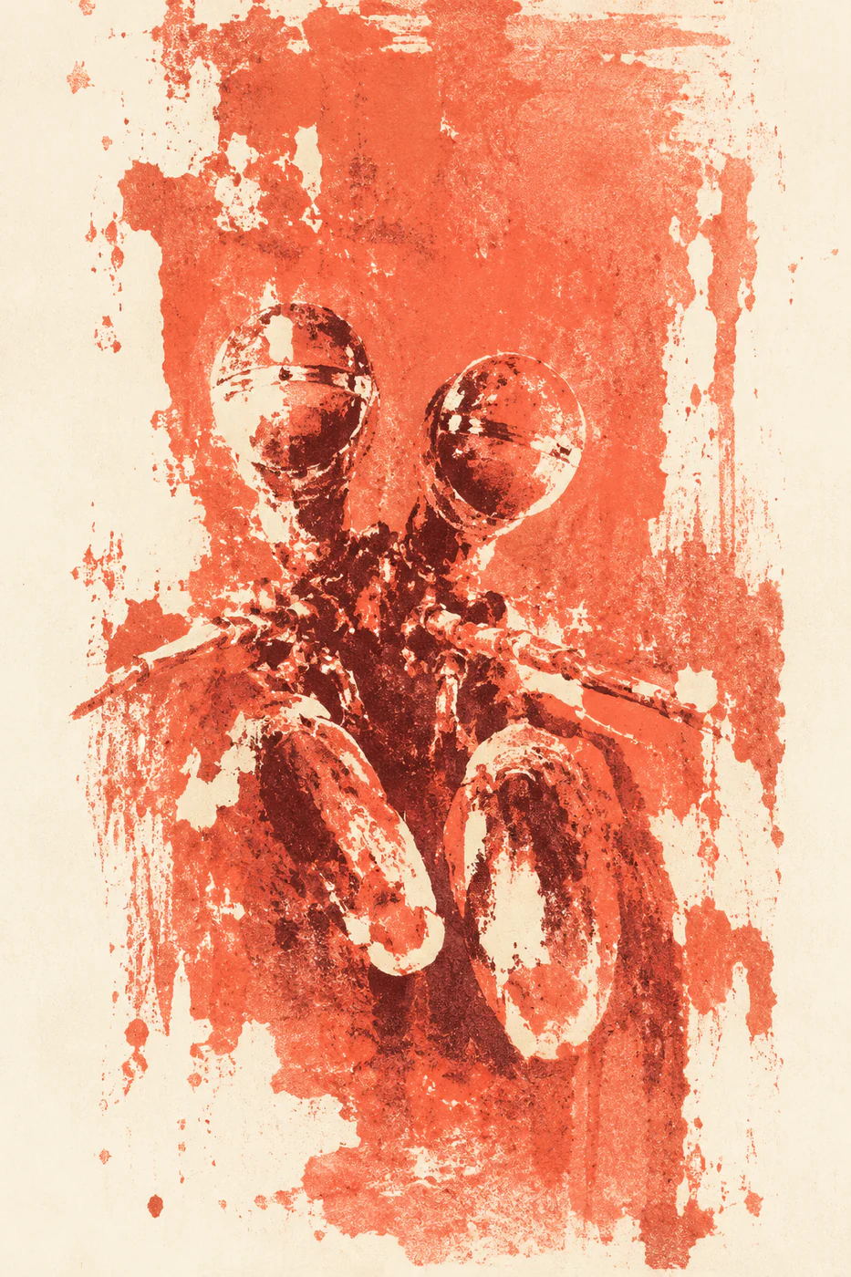 A coral and maroon mantis shrimp face emerges from uneven ink impressions on cream paper.