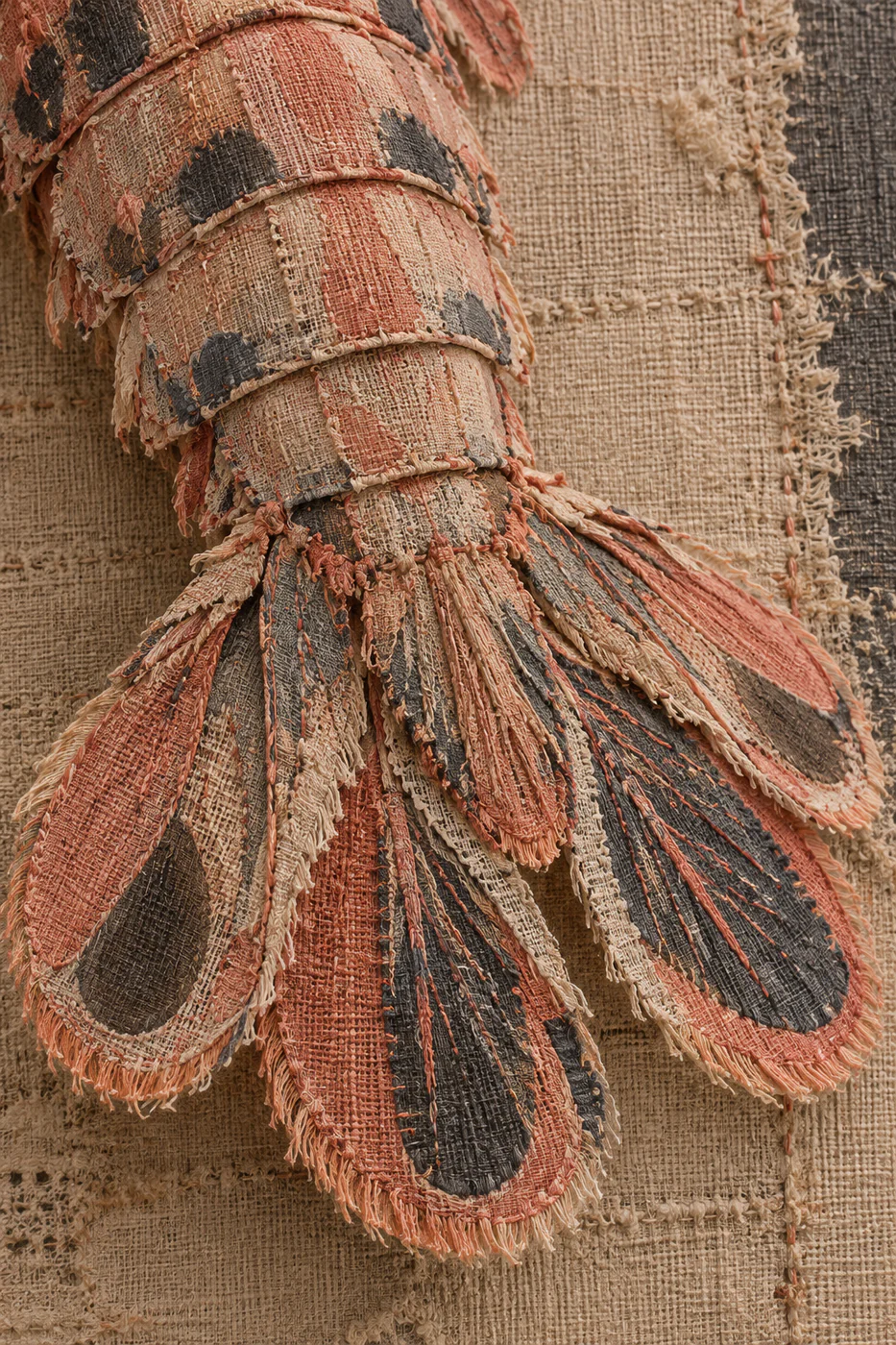 A close textile-style study of a mantis shrimp tail, assembled from frayed coral, sand and charcoal cloth shapes.