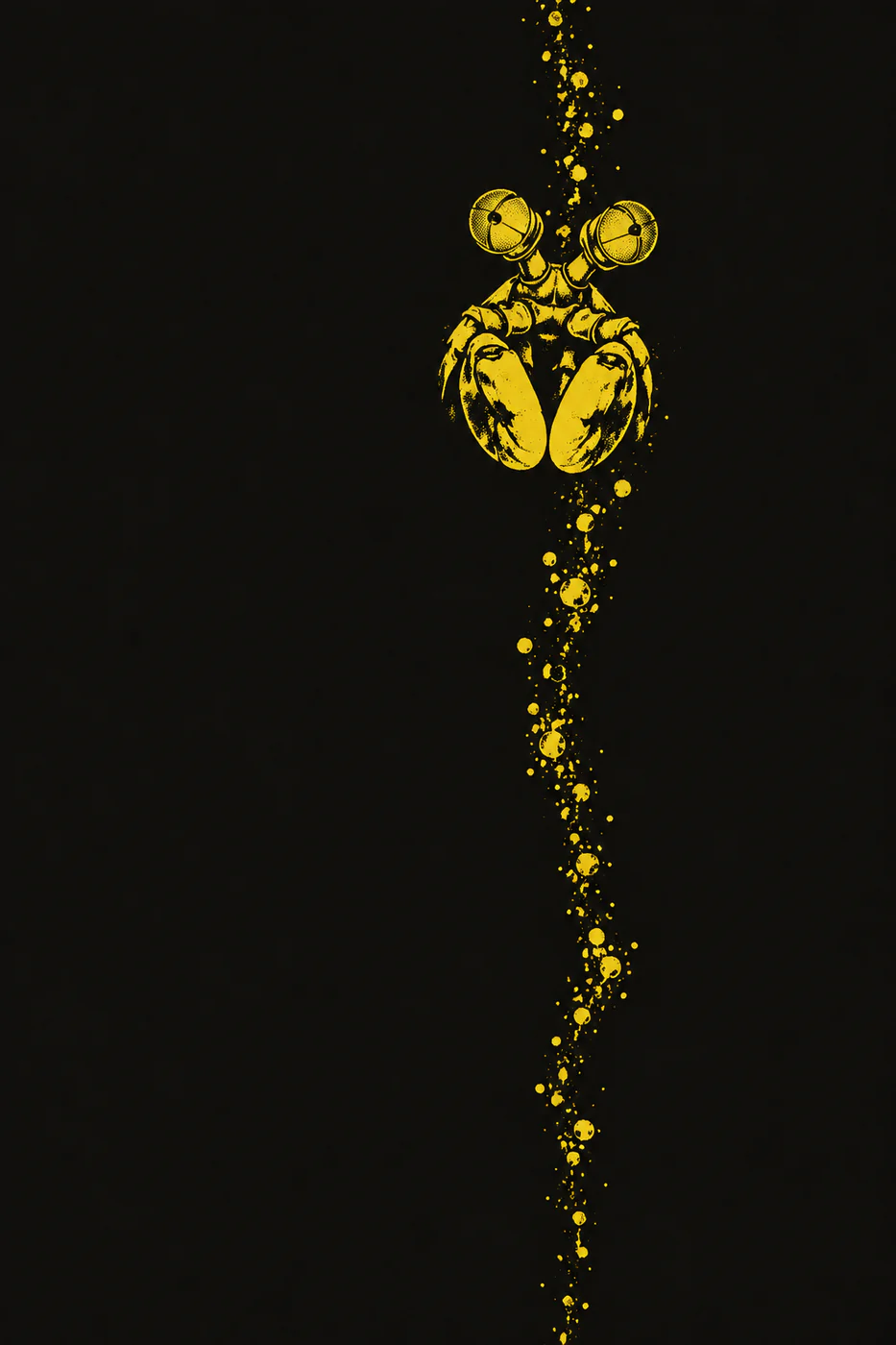 An acid-yellow mantis shrimp head and folded clubs sit high on a black print beside a narrow vertical trail of dots.