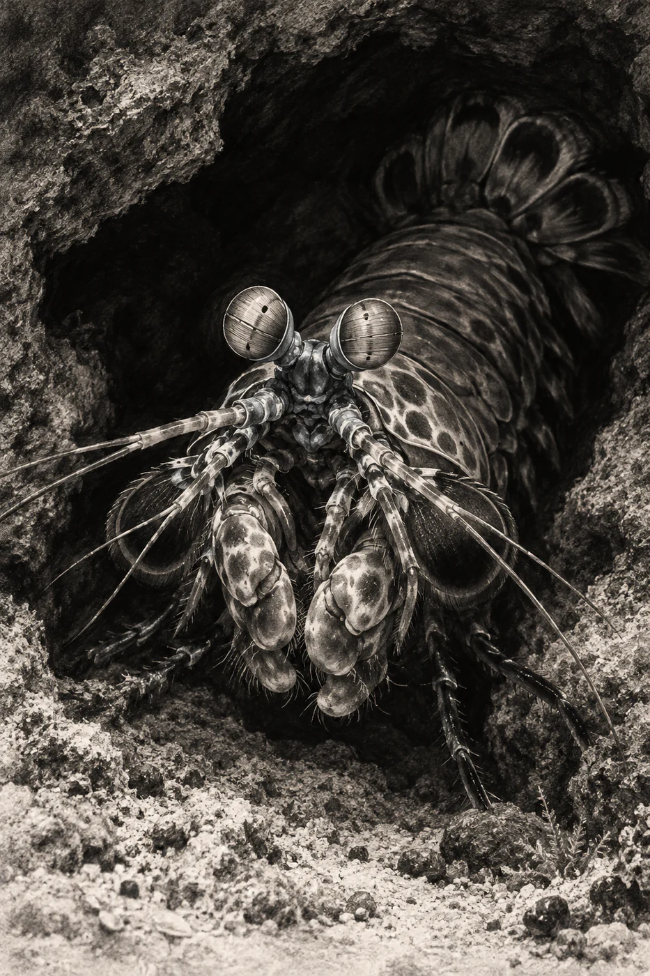 A front-facing mantis shrimp emerges from a dark rock burrow in a charcoal drawing, with pale eye and club highlights.