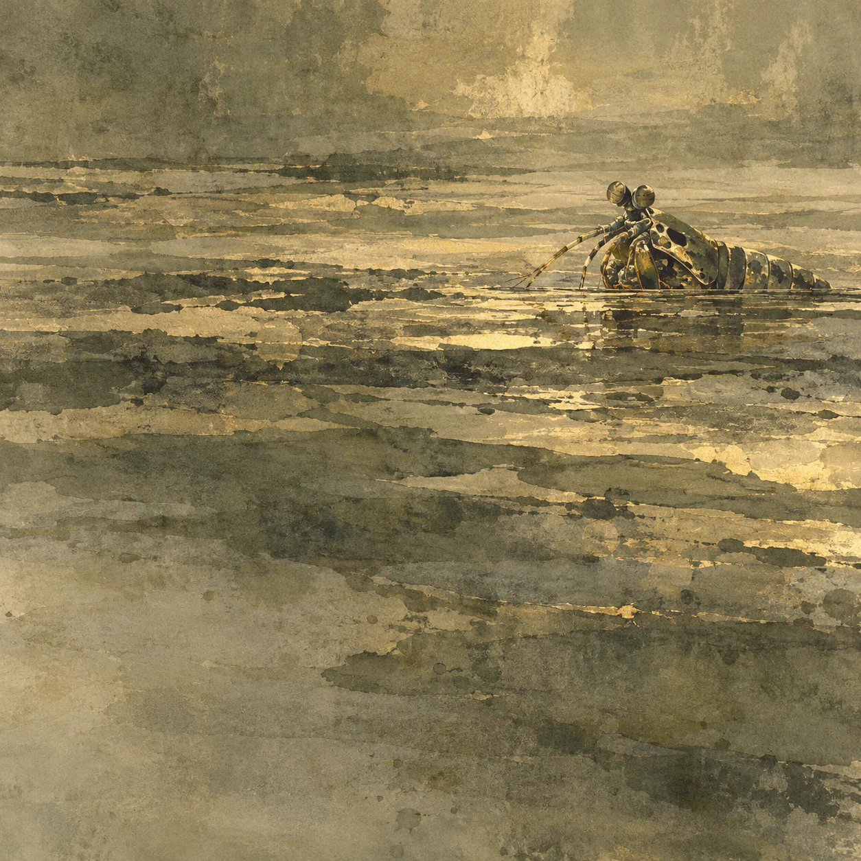 A partly submerged mantis shrimp emerges at the upper right of a broad olive-gray and pale-gold monotype-style pool.