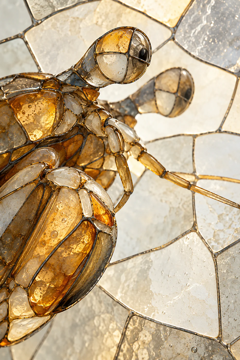 An amber-and-smoke glass-inspired mantis shrimp head and one closed club are cropped along the left of an airy milky-glass field.