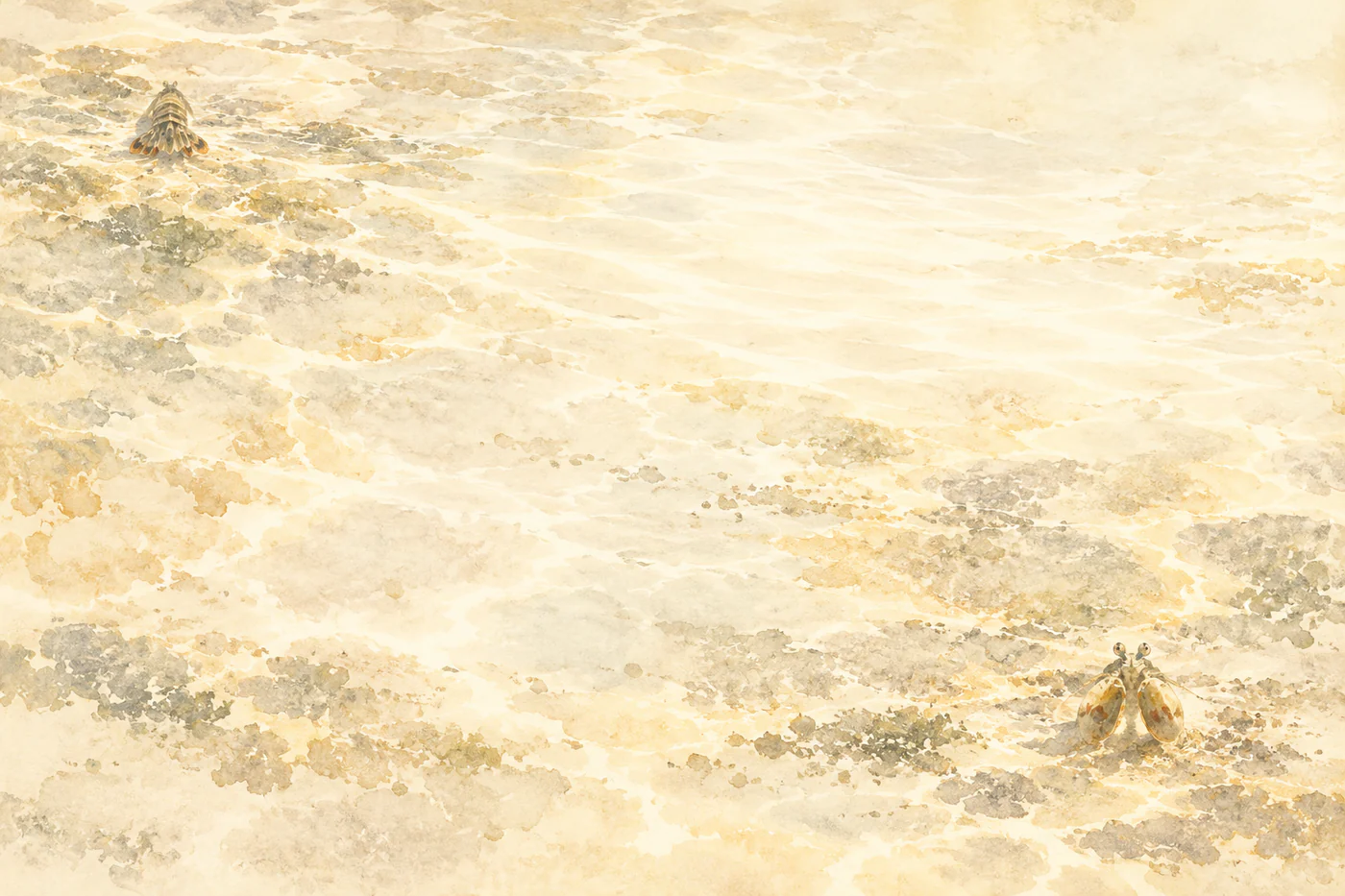 Two tiny mantis shrimp forms sit far apart in pale gold and gray water: a frontal face at the lower right and a rear view at the upper left.