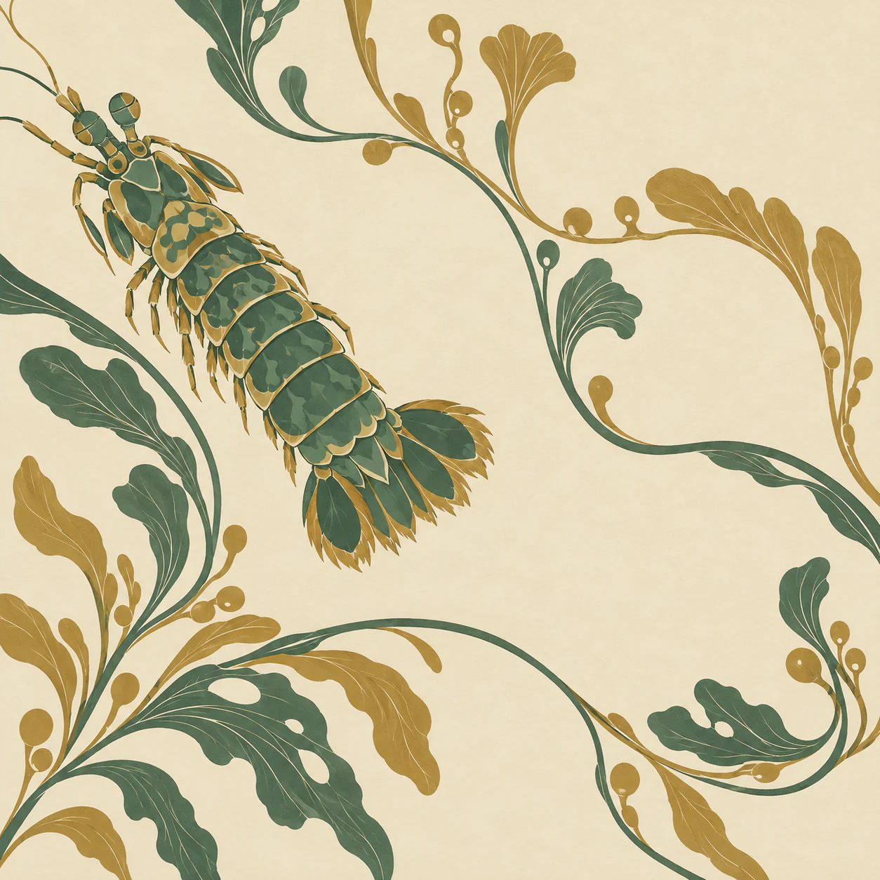 An emerald and ochre mantis shrimp seen from above lies diagonally among flowing marine stems on a cream Art Nouveau-style field.