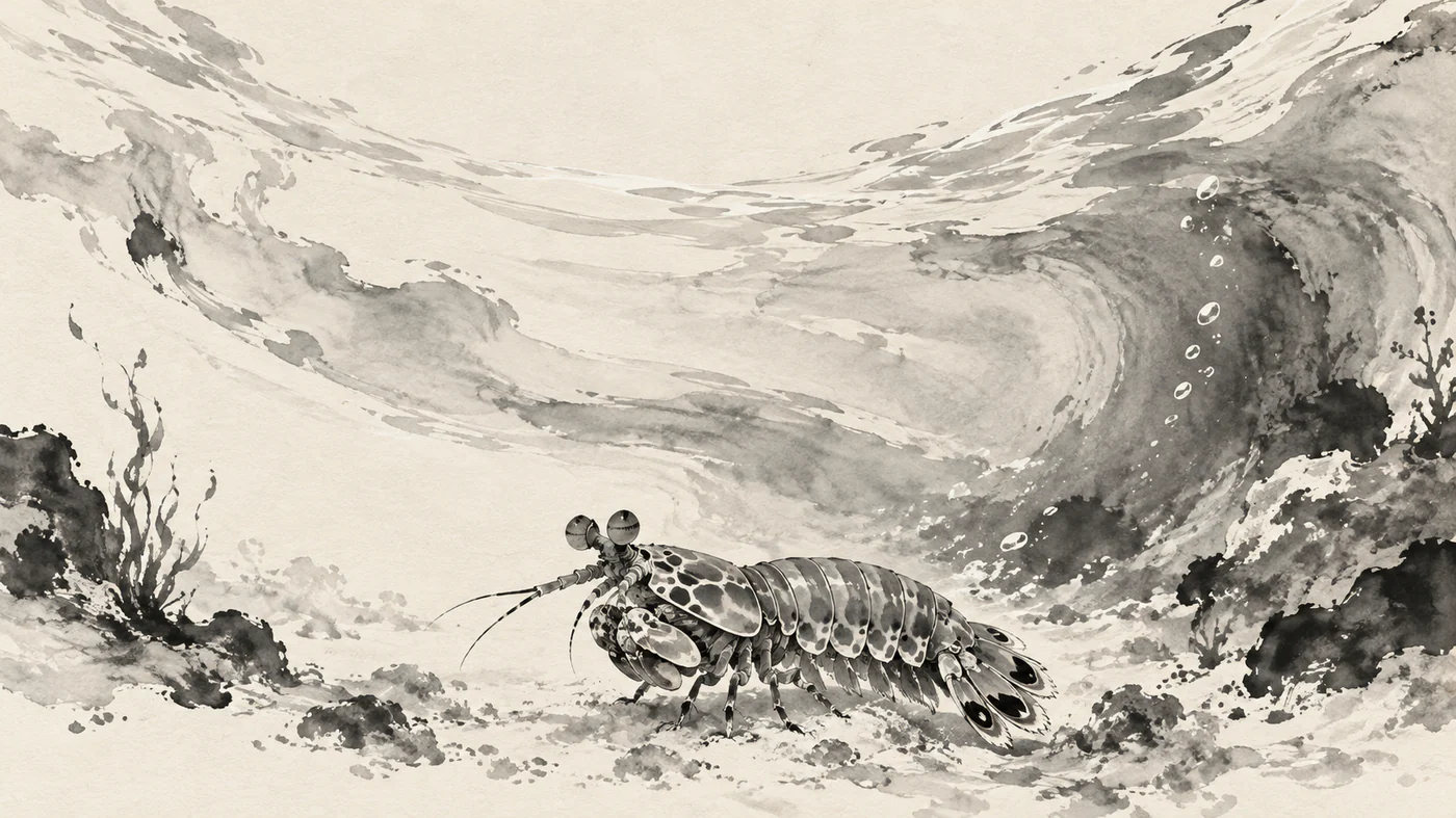 A small mantis shrimp rests near the lower center beneath a sweeping gray ink current on ivory paper.