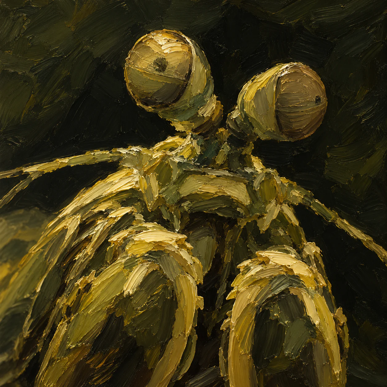 An olive-and-yellow mantis shrimp face with differently angled eyes and cropped folded clubs emerges from broad dark impasto strokes.