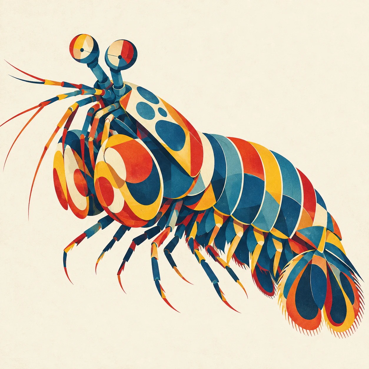 A geometric peacock mantis shrimp with round stalked eyes, folded clubs and a segmented red, blue and yellow body on an ivory field.