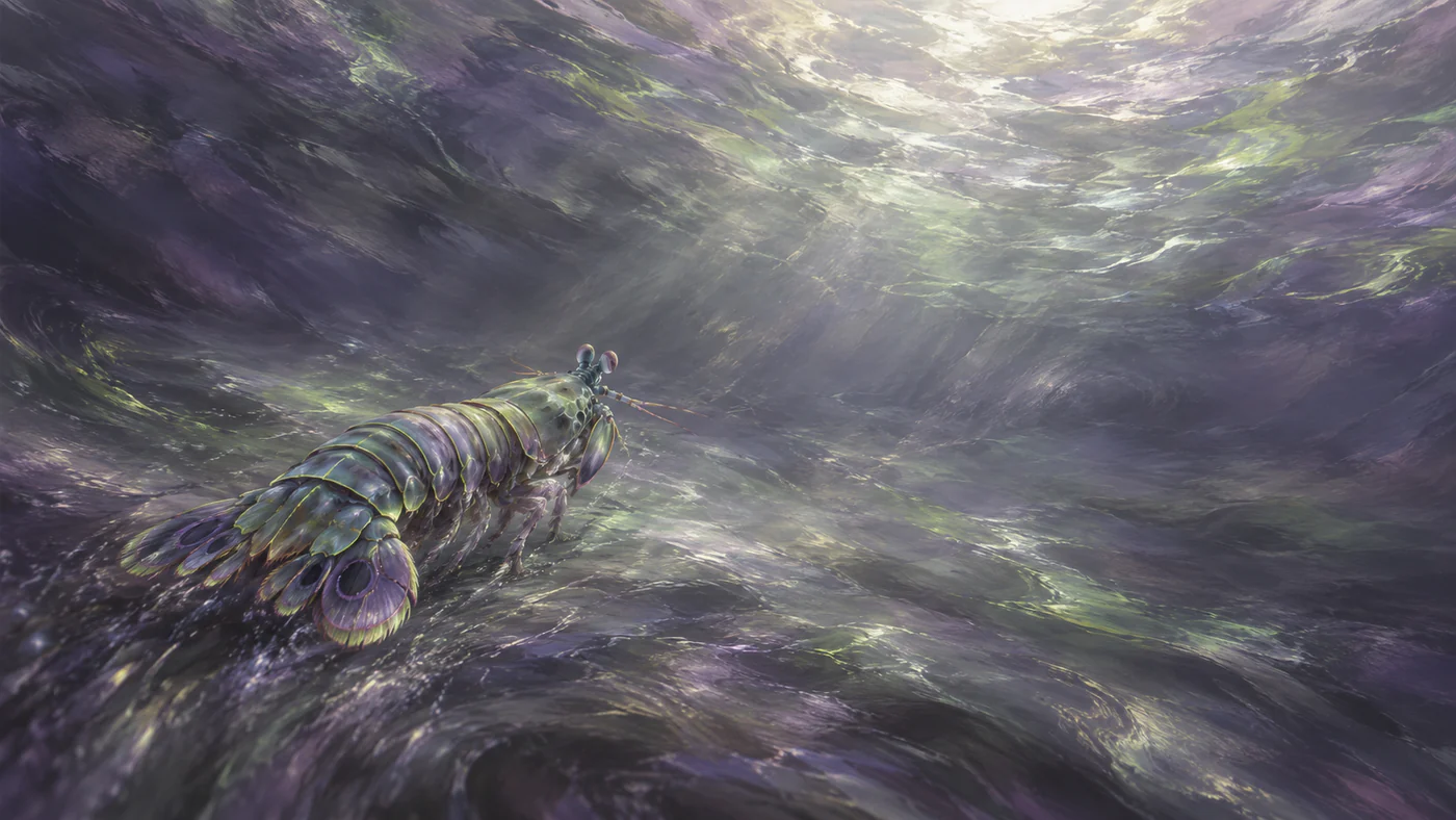 A mantis shrimp swims away through smoky violet water, its tail fan closest to the viewer and pale lime light edging its armor.