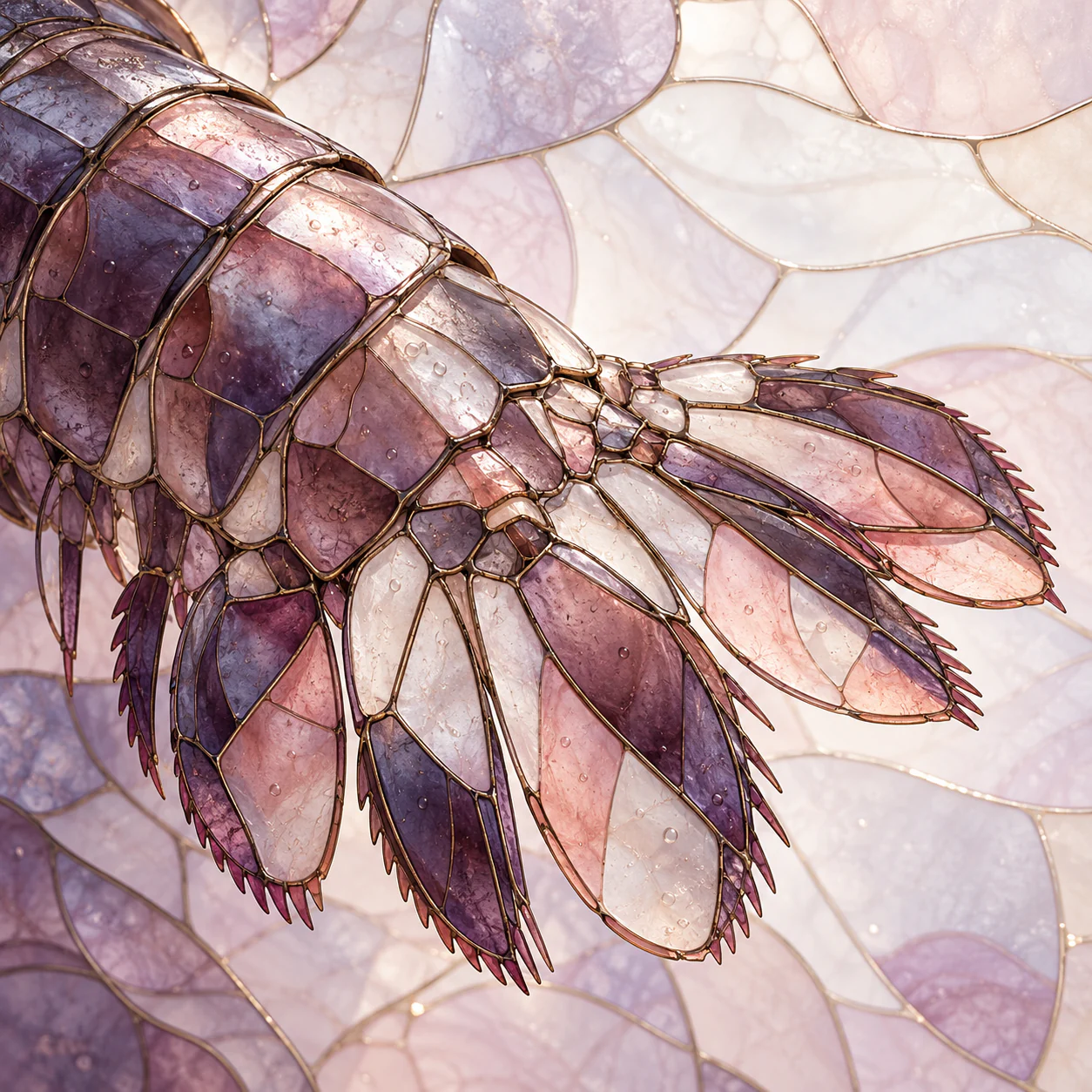 A close-cropped mantis shrimp tail fan spreads across smoky violet, rose and milky white stained-glass shapes.