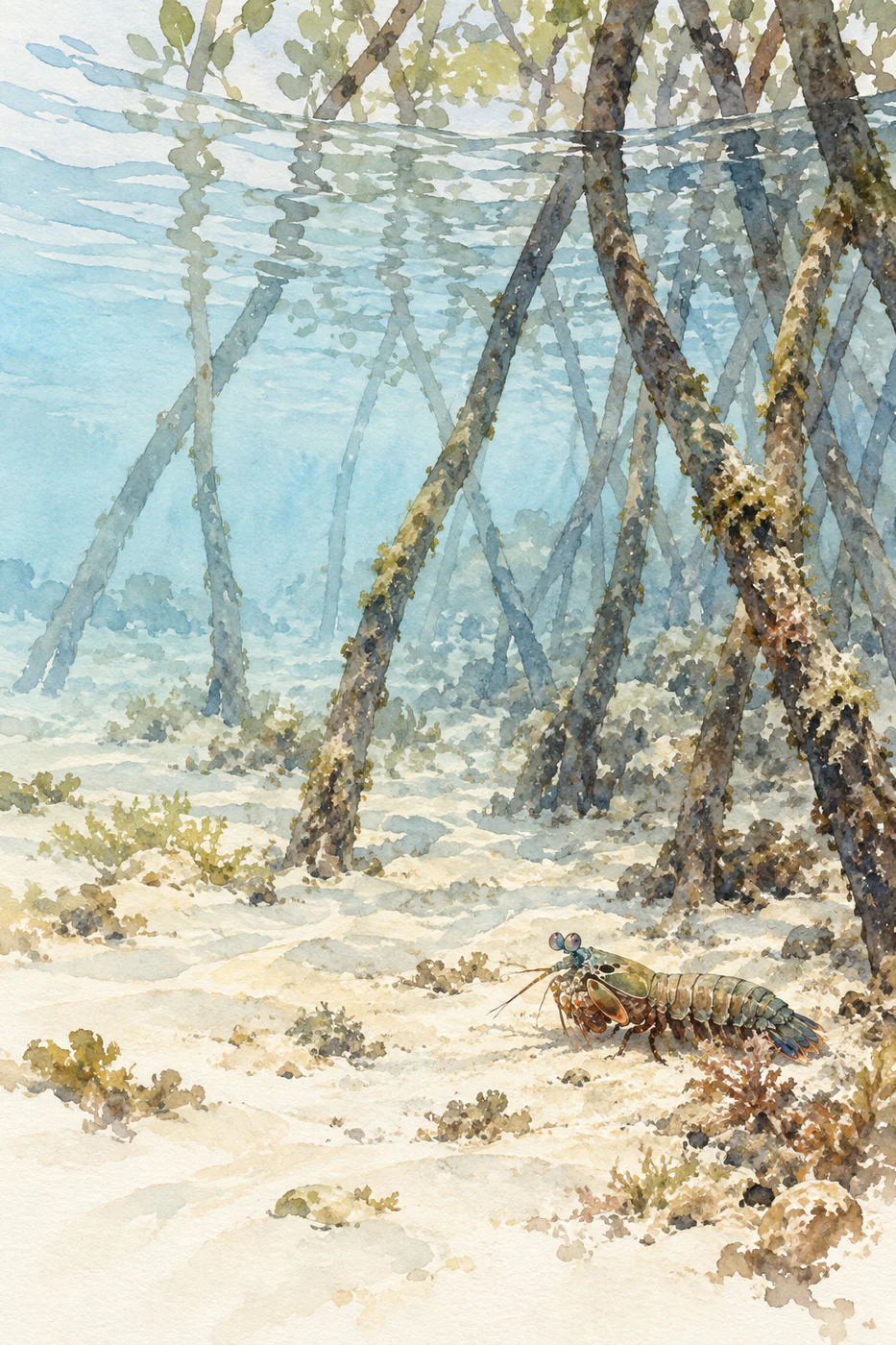 A small mantis shrimp rests on pale sand beneath submerged mangrove roots in a softly washed watercolor.