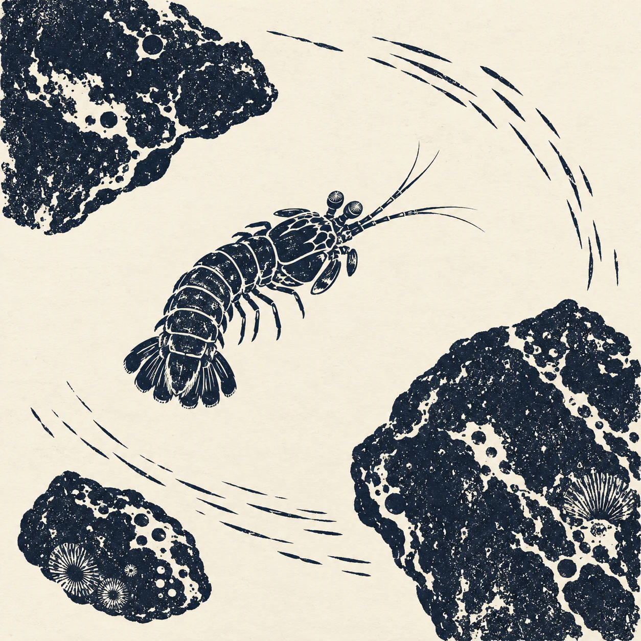 A small curved mantis shrimp seen from above between three dark rock shapes in a navy and cream linocut.