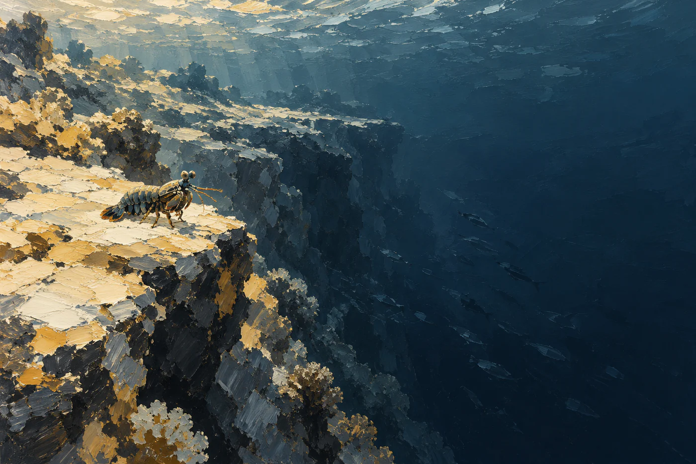 A small mantis shrimp stands on a pale reef ledge above deep charcoal-blue water in a textured acrylic-style landscape.
