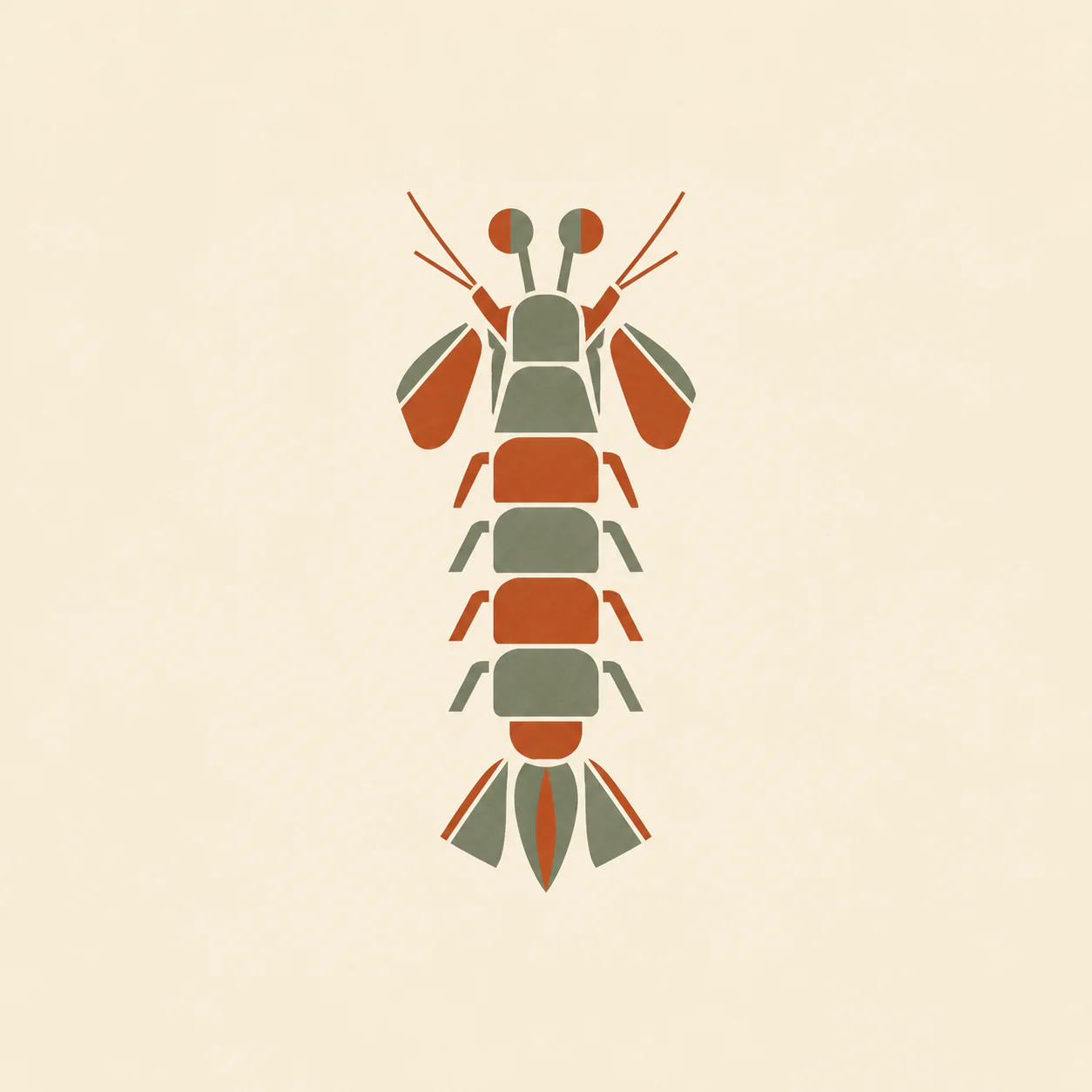 A vertical mantis shrimp motif made of rust and sage geometric shapes on a warm cream background.