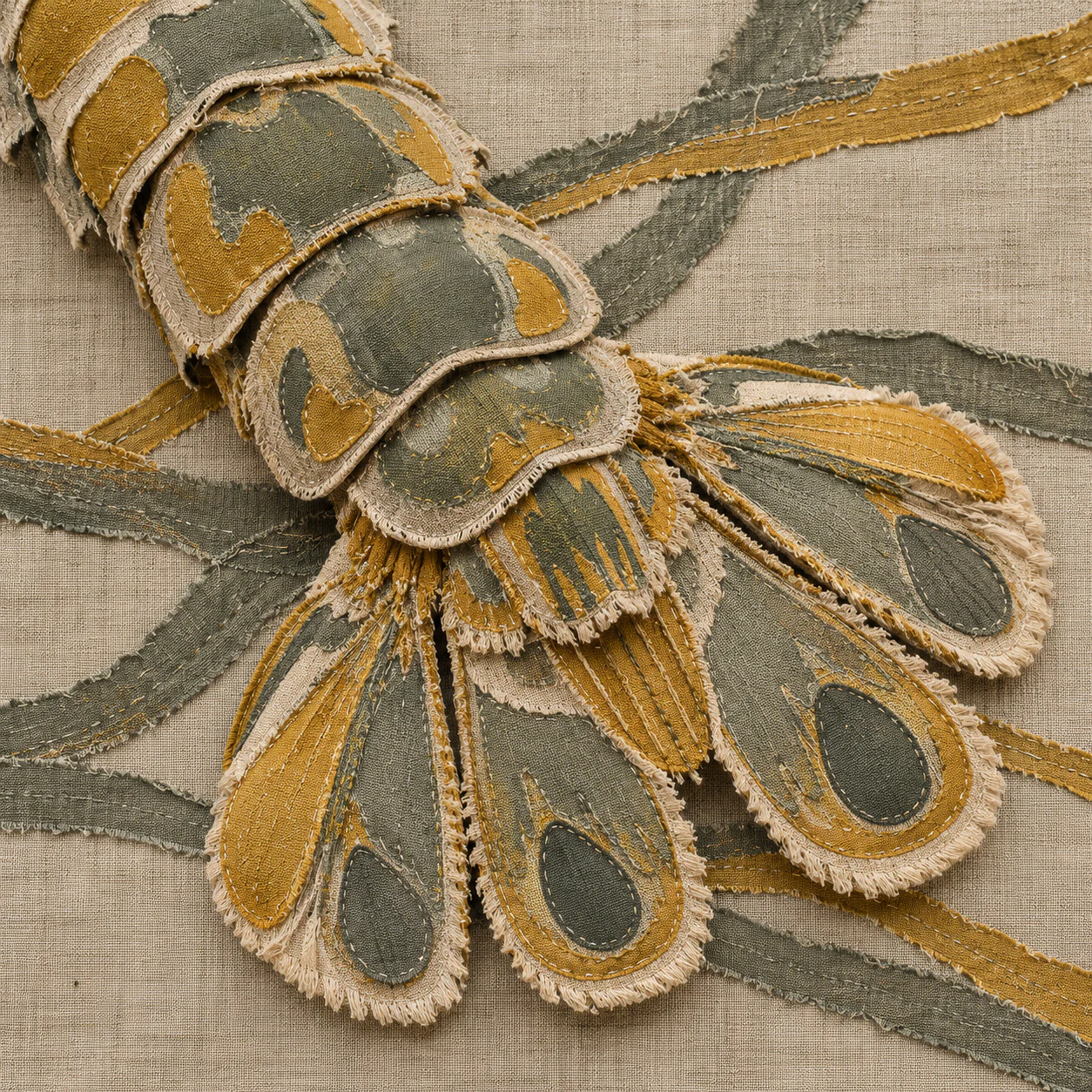 Sage and mustard cloth patches form a cropped segmented tail and broad fan over crossing strips on natural linen.